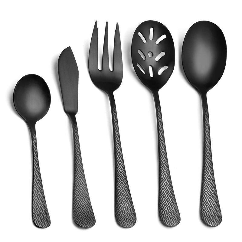 sharecook Matte Black Serving Set, sharecook 5-Piece 18/0 Stainless Steel Large Hostess Set with Round Edge, Satin Finished, Dishwasher Safe -Spoons, Forks,Butter Knife& Slotted Spoon - Image 1